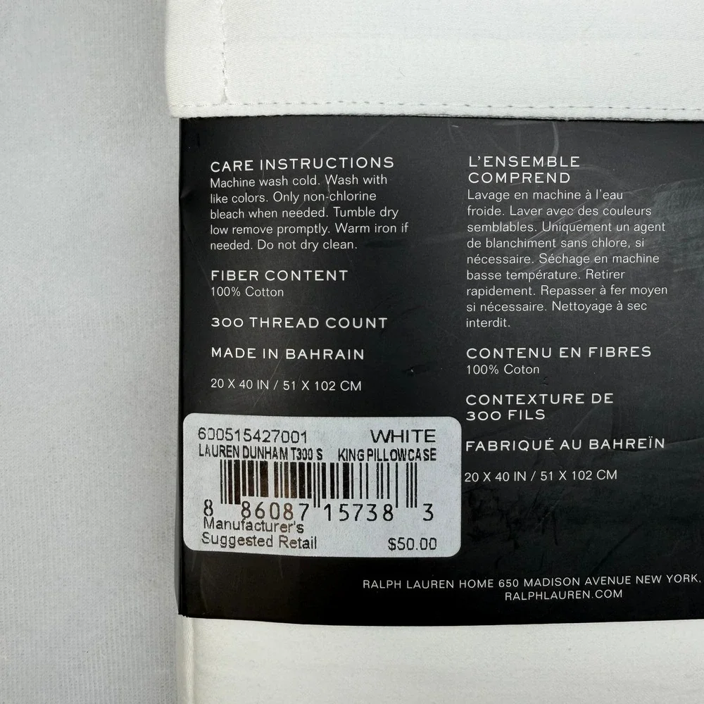 Ralph Lauren Dunham Sateen Pillowcase White King Set of 2 Cotton 300 TC